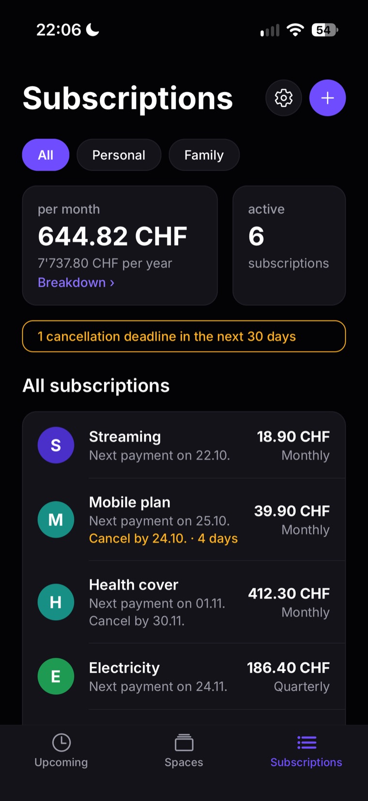 “Subscriptions” tab: totals per month and per year and the list of subscriptions