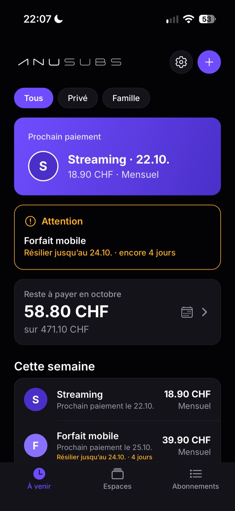 ANU Subs, onglet «&nbsp;À venir&nbsp;»&nbsp;: prochain paiement, un délai de résiliation qui expire bientôt et ce qui reste à payer ce mois-ci