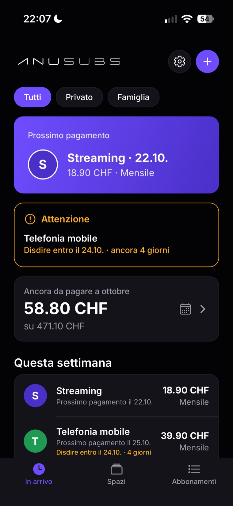 ANU Subs, scheda «In arrivo»: prossimo pagamento, un termine di disdetta in scadenza e quanto resta da pagare questo mese