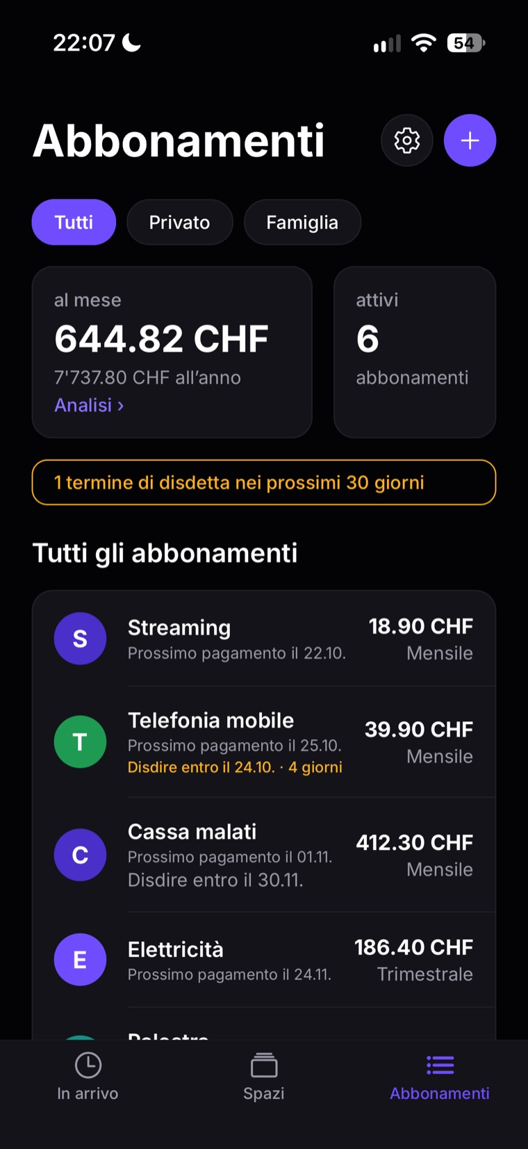 Scheda «Abbonamenti»: totali al mese e all’anno e l’elenco degli abbonamenti